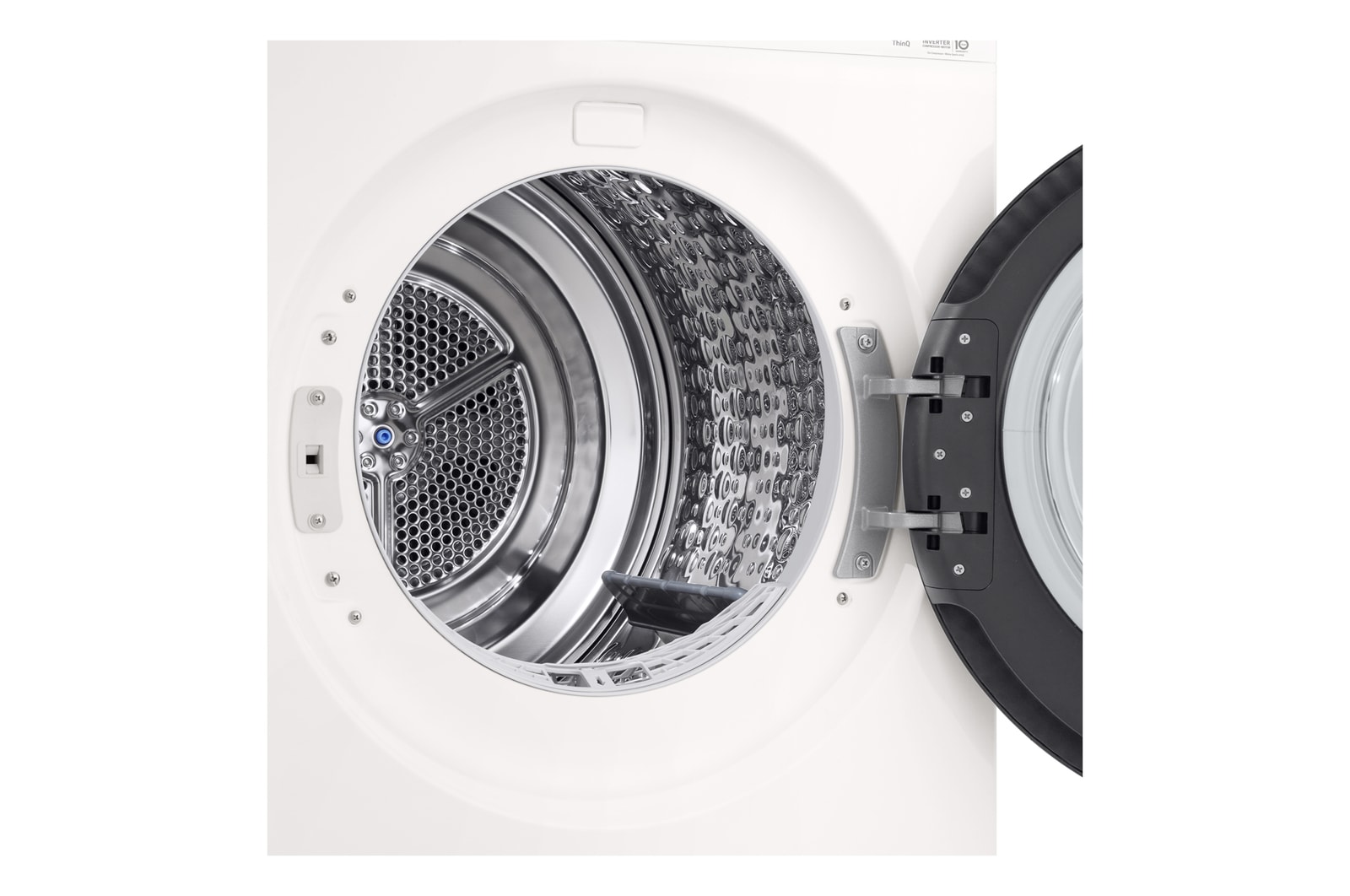 LG DXH3 Heat Pump Dryer with door open showing stainless steel drum interior
