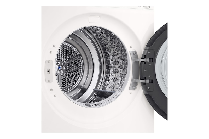 LG DXH3 Heat Pump Dryer with door open showing stainless steel drum interior