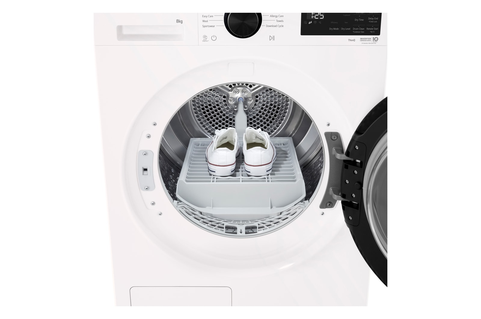 LG DXH3 Heat Pump Dryer with front door open, showing the drum interior.