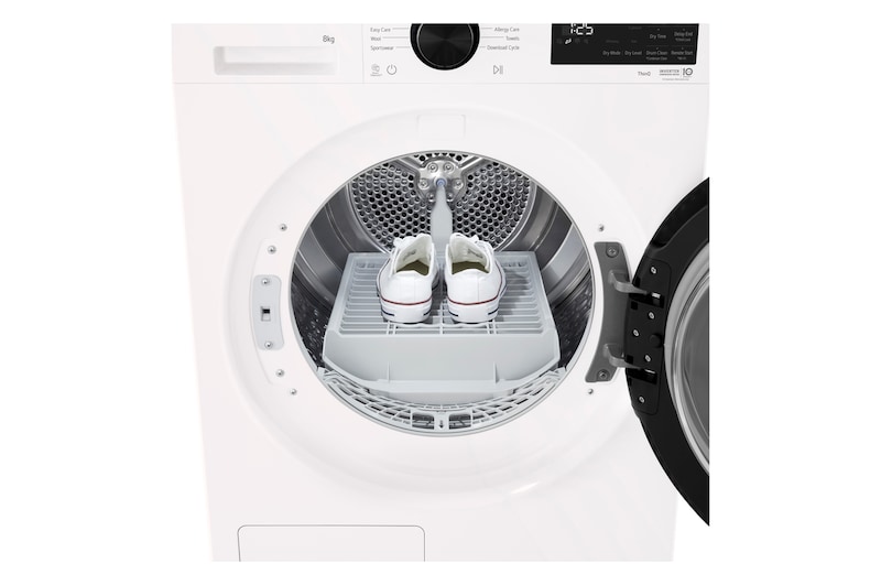LG DXH3 Heat Pump Dryer with front door open, showing the drum interior.