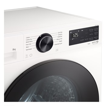 LG DXH3 Heat Pump Dryer front view showing control panel and circular door design