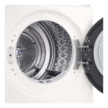 LG DXH3 Heat Pump Dryer with door open showing stainless steel drum interior