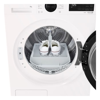 LG DXH3 Heat Pump Dryer with front door open, showing the drum interior.