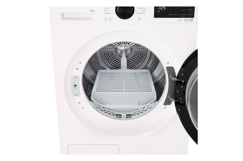 LG DXH3 Heat Pump Dryer with front door open, showing the drum interior.