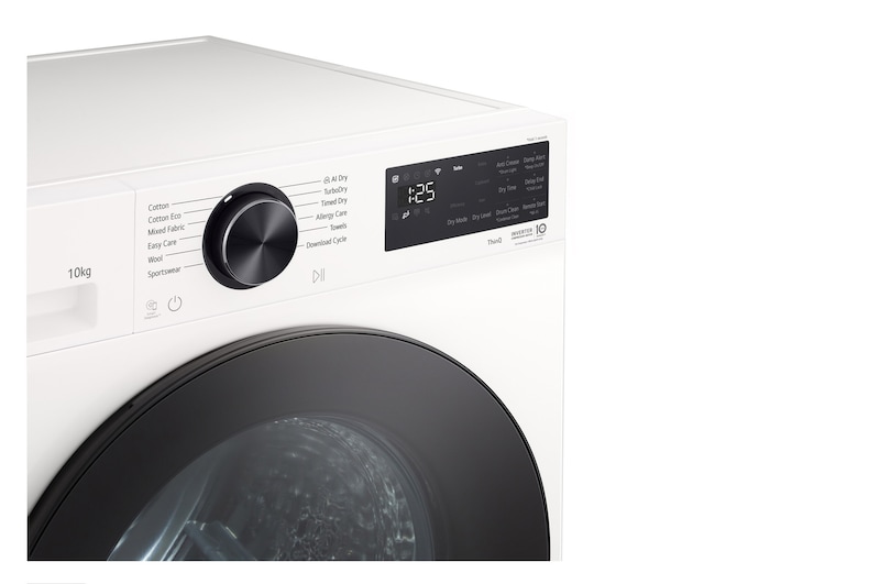 LG DXH3 Heat Pump Dryer front view showing control panel and circular door design