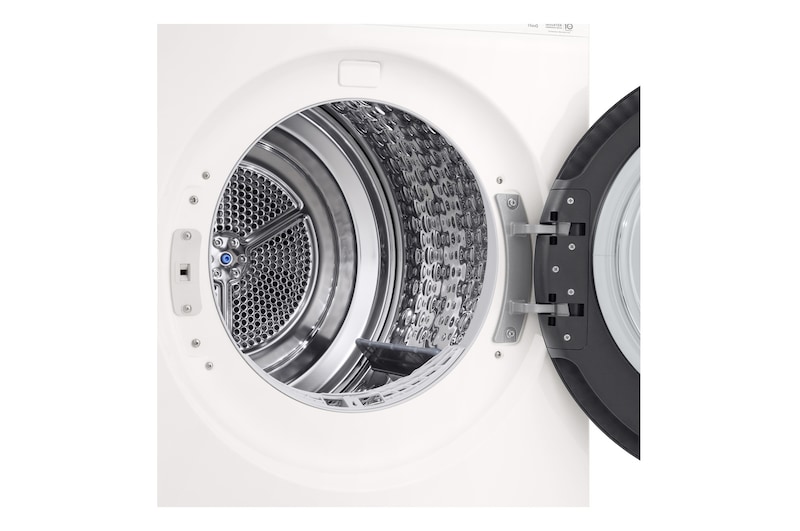 LG DXH3 Heat Pump Dryer with door open showing stainless steel drum interior