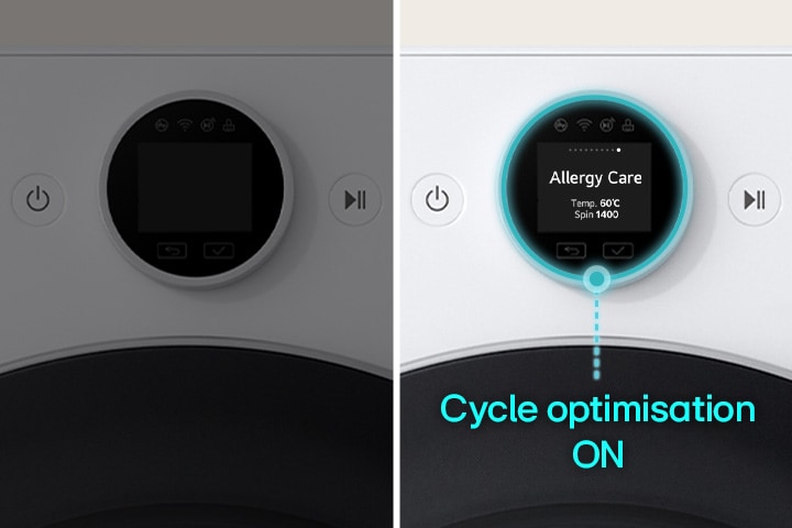 Dial shows the function course scrolling. Cycle optimisation is turned on and Allergy Care course is automatically set