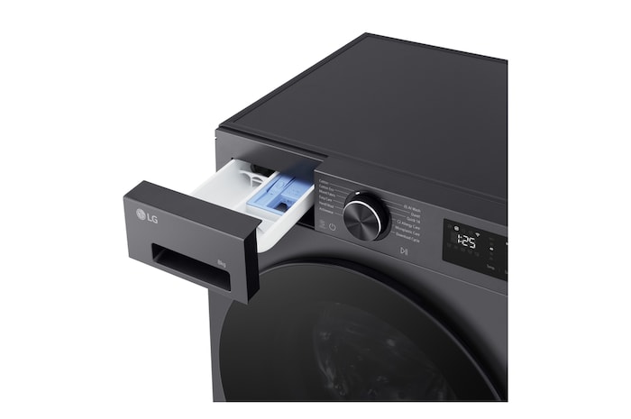 LG Series 3 Front Load Washing Machine right angled top overhead detergent drawer pulled open showing detergent and softener compartments in a front load washer unit