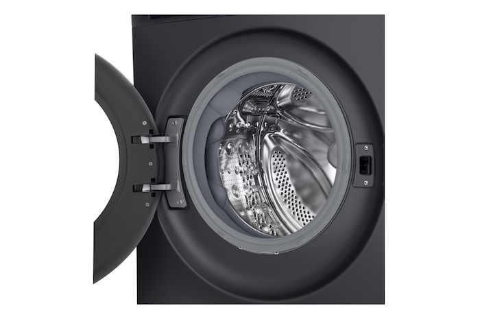 LG Series 3 Front Load Washing Machine right angled close up with door open showing stainless steel drum interior