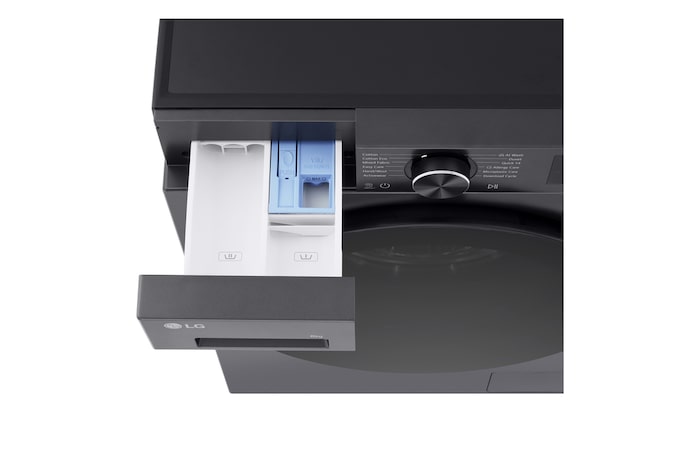 LG Series 3 Front Load Washing Machine overhead with detergent drawer pulled open showing detergent and softener compartments