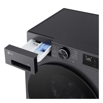 LG Series 3 Front Load Washing Machine right angled top overhead detergent drawer pulled open showing detergent and softener compartments in a front load washer unit
