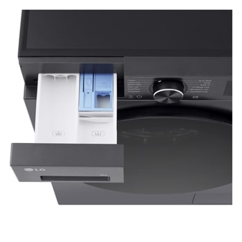 LG Series 3 Front Load Washing Machine overhead with detergent drawer pulled open showing detergent and softener compartments