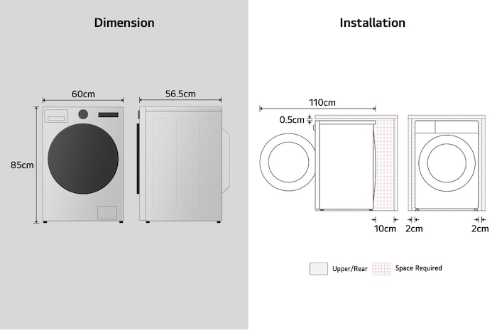 LG washing machine dimension and installation diagram showing width, depth, height and required clearances