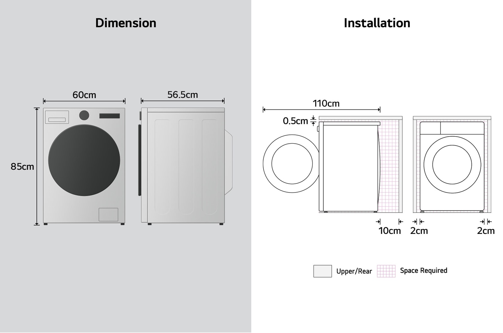 LG washing machine dimension and installation diagram showing width, depth, height and required clearances