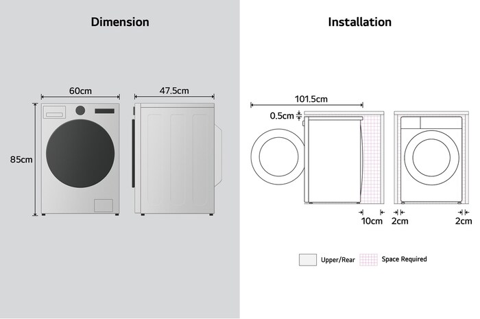 LG washing machine dimension and installation diagram showing width, depth, height and required clearances