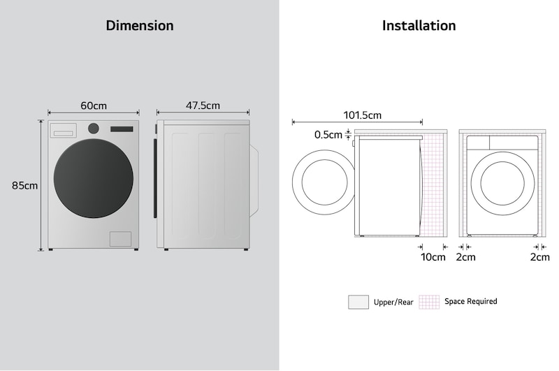 LG washing machine dimension and installation diagram showing width, depth, height and required clearances
