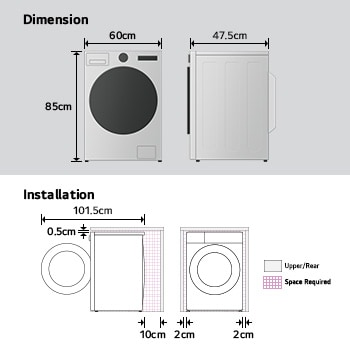 LG washing machine dimension and installation diagram showing width, depth, height and required clearances