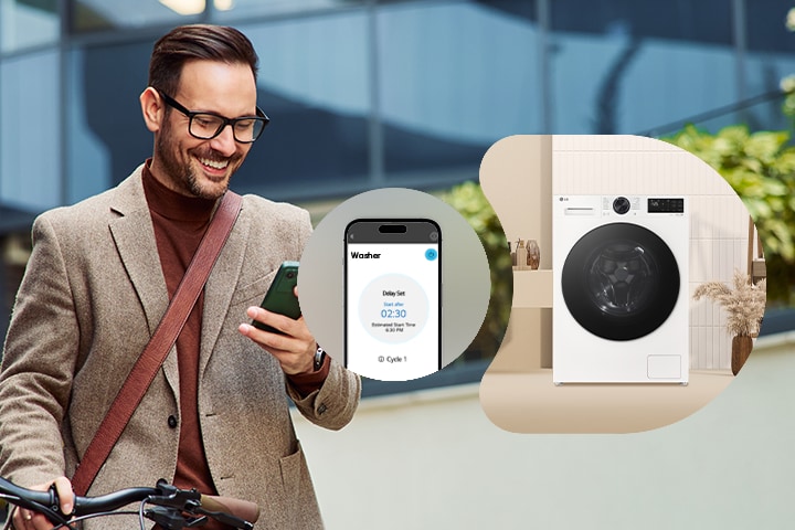 A man remotely controlling the LG washer through the thinq app