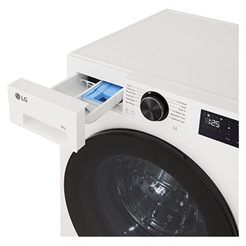 LG Series 3 Front Load Washing Machine right angled top overhead detergent drawer pulled open showing detergent and softener compartments in a front load washer unit