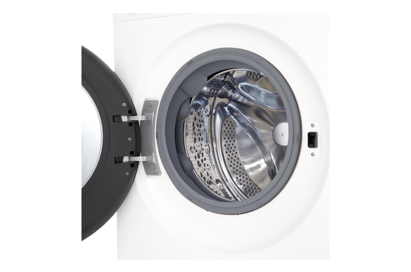 LG Series 3 Front Load Washing Machine right angled close up with door open showing stainless steel drum interior