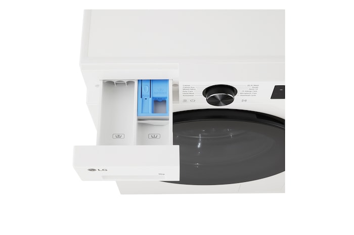 LG Series 3 Front Load Washing Machine right angled top overhead detergent drawer pulled open showing detergent and softener compartments in a front load washer unit
