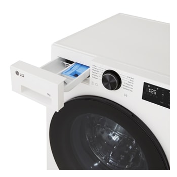 LG Series 3 Front Load Washing Machine overhead with detergent drawer pulled open showing detergent and softener compartments