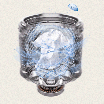 Rotating drum image showing strong water currents for thorough cleaning