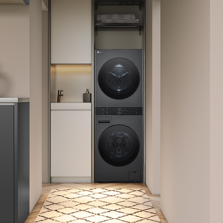 Wash tower installed in high-end interior laundry room	