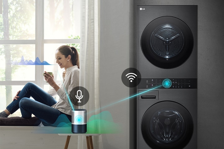 A woman sits in a window holding a drink. She speaks to the AI speaker show by a line from her to the speaker and a sound wave next to her face. The AI speaker then connects to the washer shown with a line and sound waves.	