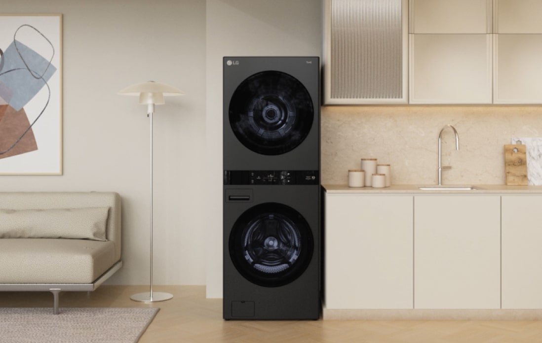 A video zoomimg out of the center control panel and showing WashTower in various spaces such as living room and laundry room