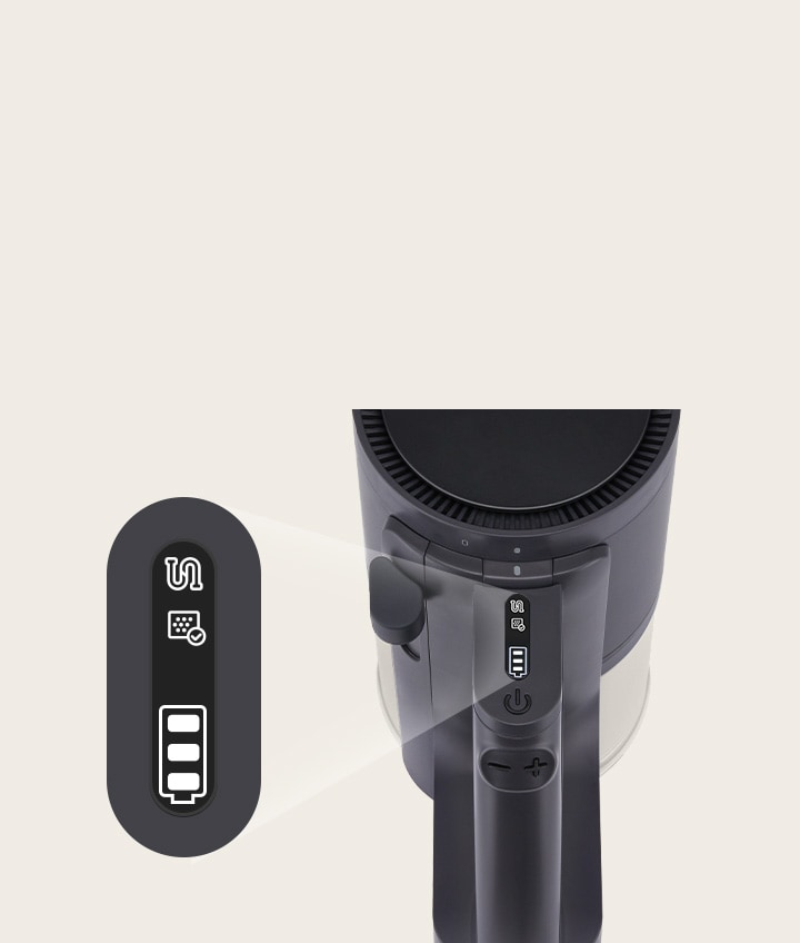 Close-up shot of thumb touch control panel showing battery status.