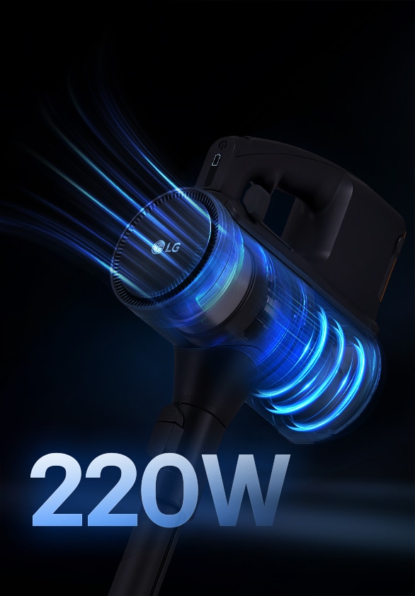 A9L vacuum with up to 220W suction power visualized by blue airflow lines.