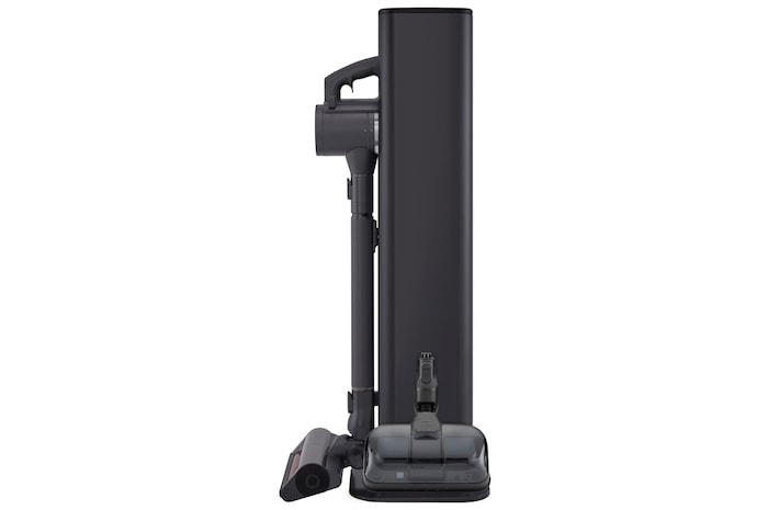 LG a9l-titan vacuum with included accessories: various nozzles, tools, mop pads, extension hose, and extra battery