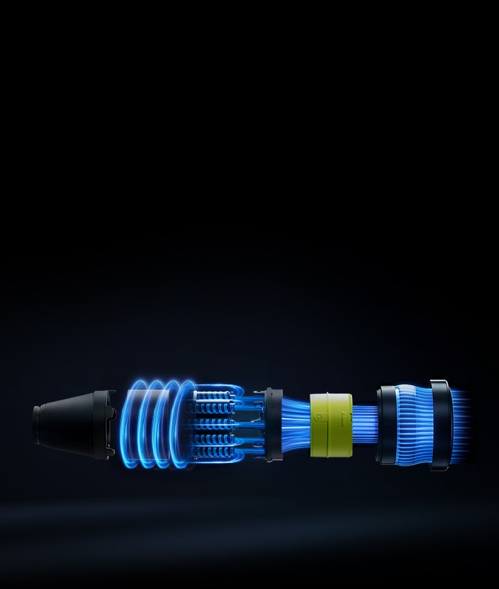 Exploded view of Smart Inverter Motor™ with glowing blue airflow and internal components.