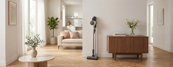 LG all-in-one vacuum cleaner standing on a wood floor in a bright living room beside a walnut console.