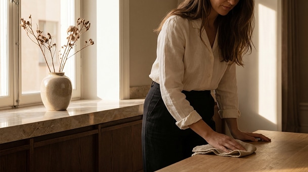 Person is wiping a wood tabletop with a cloth in warm daylight, with wood cabinets and a ceramic vase nearby.