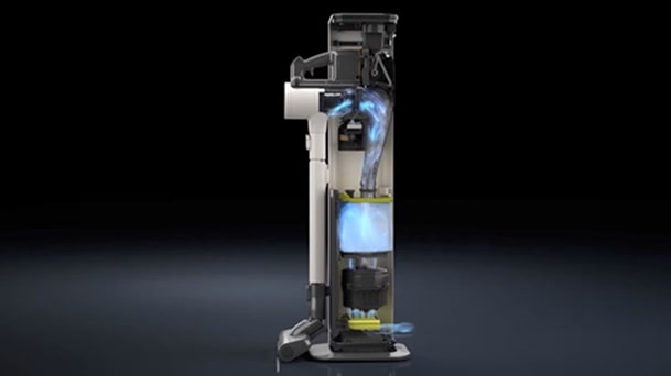 An LG stick vacuum cutaway shows a clear body view with blue airflow graphics through the dust bin area.