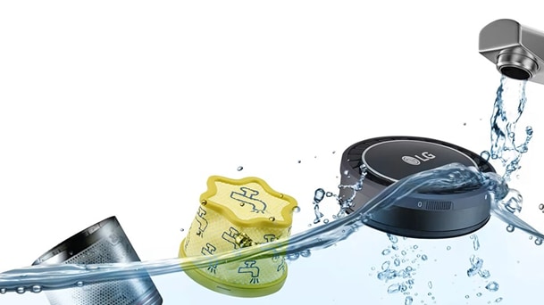 LG vacuum cleaner filters appear with running faucet water flowing diagonally on a white background.
