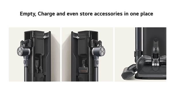 LG CordZero tower with text “Empty, Charge and even store accessories in one place” above docked vacuum.