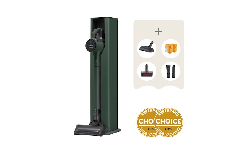 Front view of LG CordZero® Auto Emptying Handstick with LED Spray Mop + Dual Floor Max Nozzle, A9X-ULTRA2G