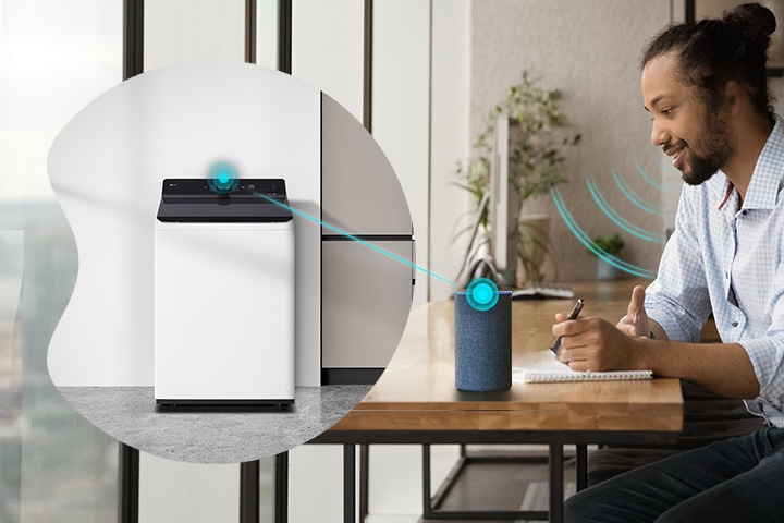 A man controlling the LG washing machine with voice assistant