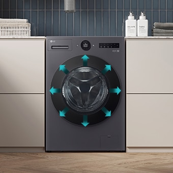 Arrows illustrate a large capacity drum size