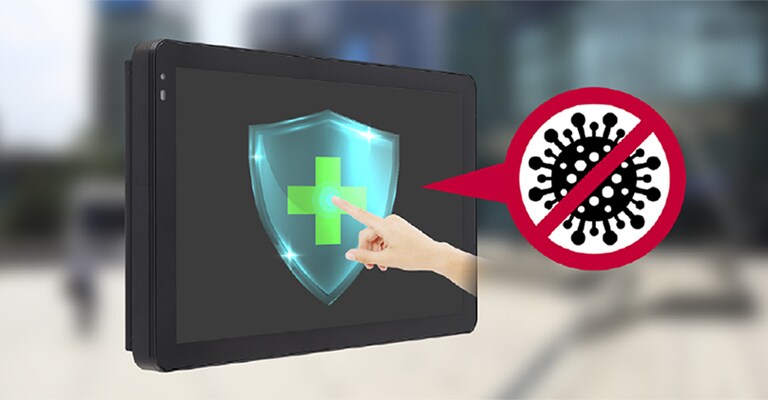 A user is touching the 22XF1TJ screen with an antibacterial coating.