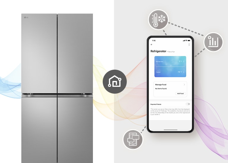There's a woman sitting comfortably at a table far away doing her job. There is an ai speaker on the table. Leaving her behind, the walls and Black Glass InstaView refrigerator are placed.