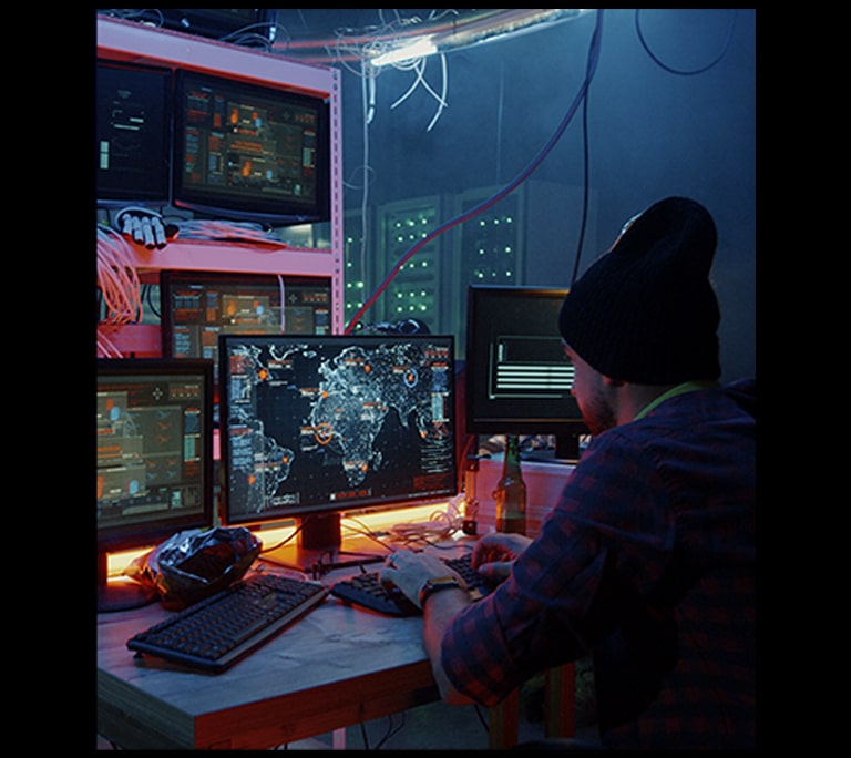 Image of man in front of high contrast lighting, displaying example of image definition.