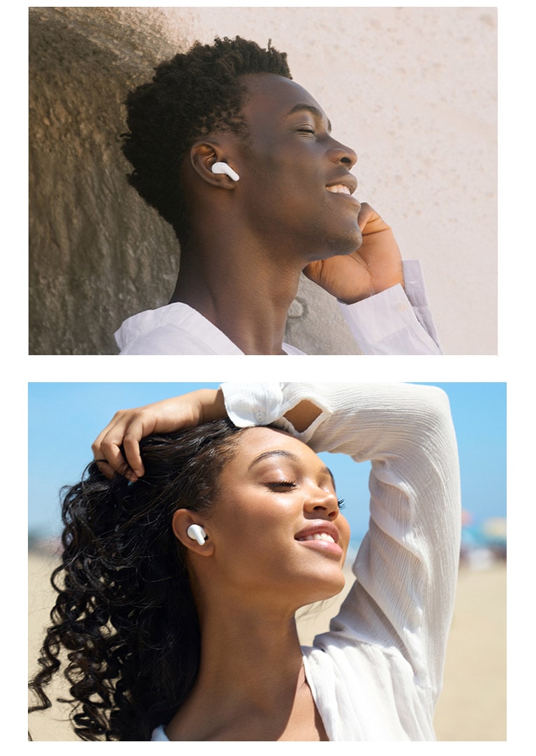 A man is wearing T90 earbuds and listening to music with his eyes closed.