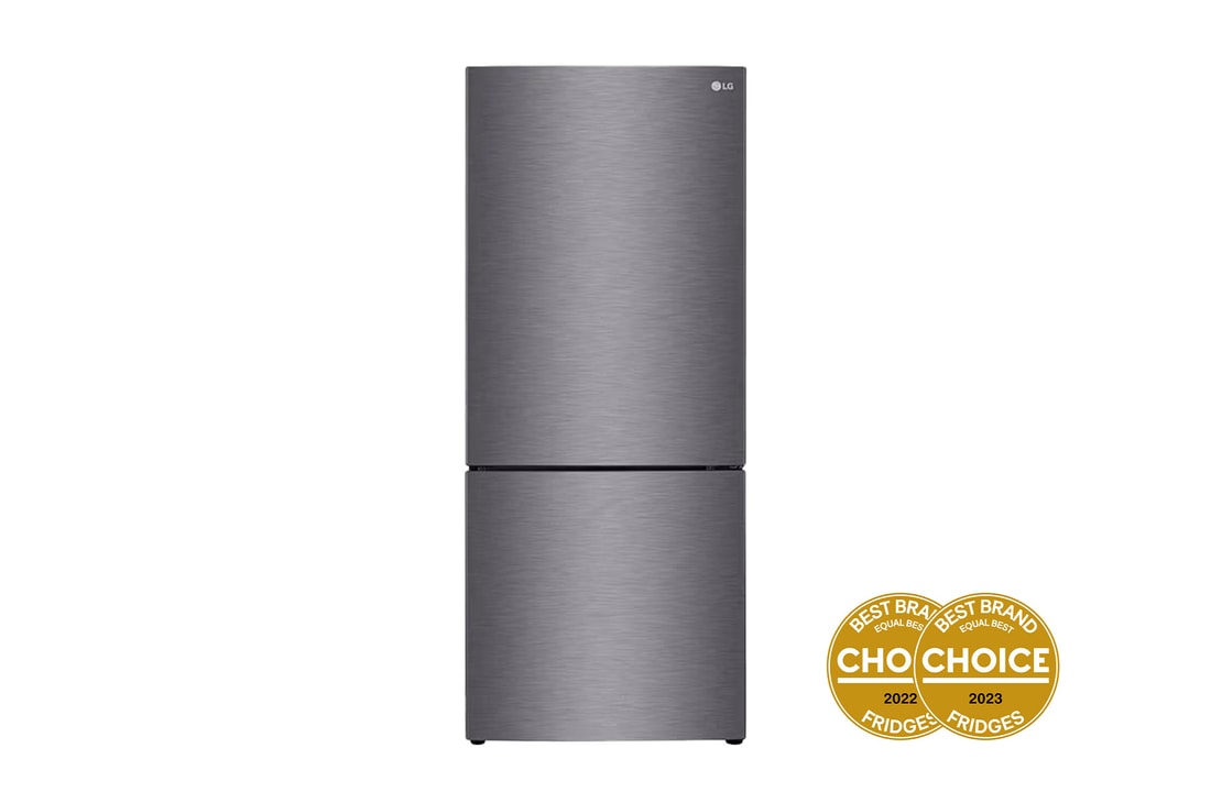 Front view of 4-star energy rated dark graphite finish bottom mount fridge freezer, GB-455UPLE