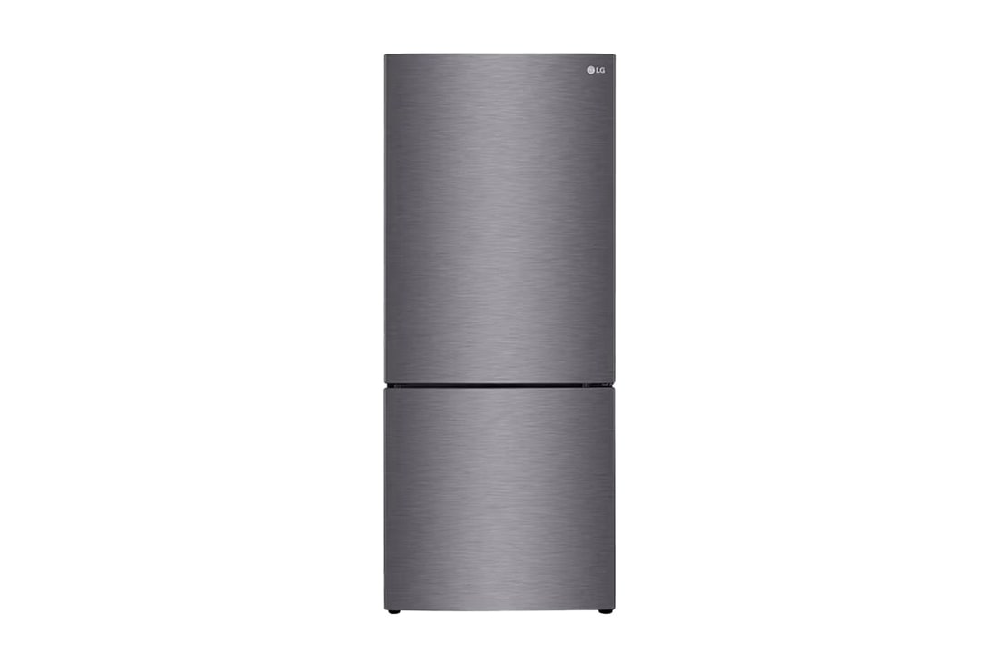 Front view of 4-star energy rated dark graphite finish bottom mount fridge freezer, GB-455UPLE