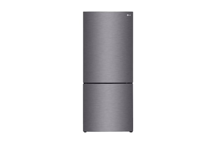 Front view of 4-star energy rated dark graphite finish bottom mount fridge freezer, GB-455UPLE