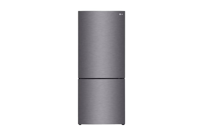 Front view of 4-star energy rated dark graphite finish bottom mount fridge freezer, GB-455UPLE